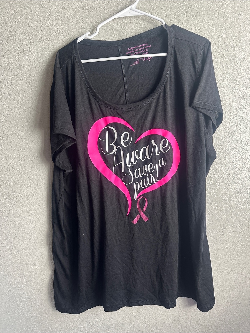 Black Tee with Pink Heart Breast Cancer Awareness Graphic